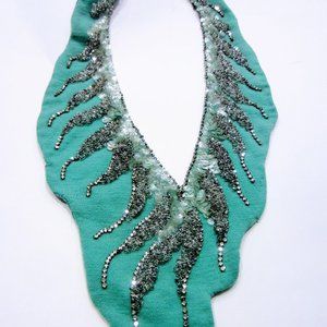 Blue Folk Art Bib Beaded Jeweled Textile Necklace
